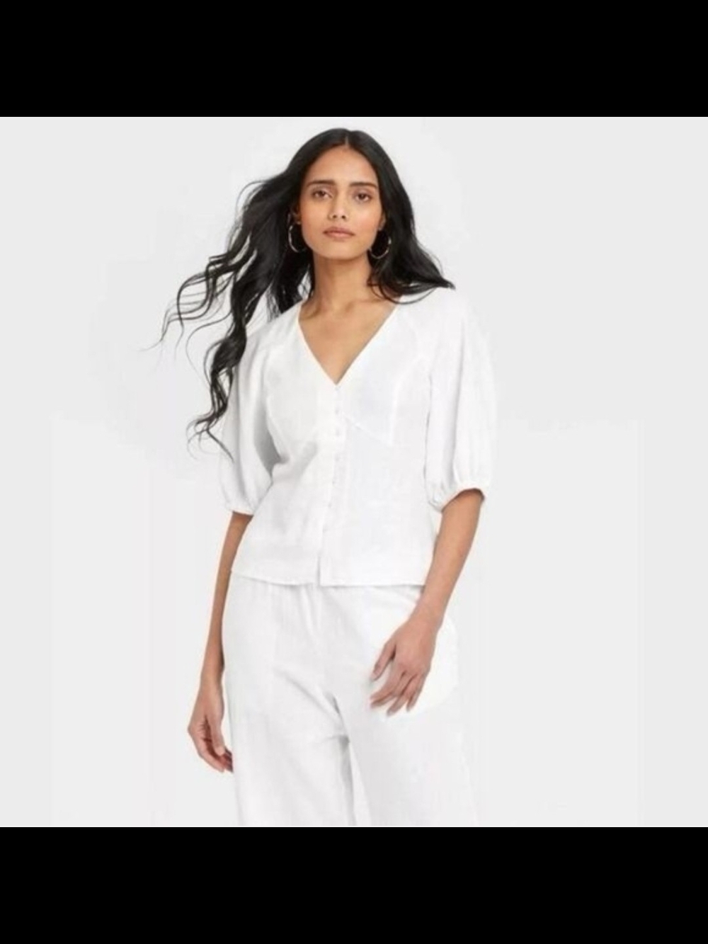 A New Day white linen-blend V-neck elbow sleeve blouse